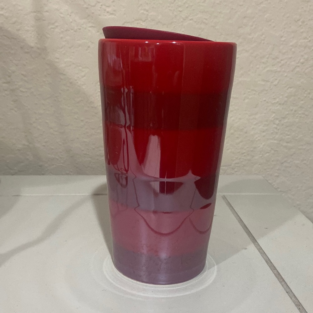 NEW Starbucks 2021 Holiday travel tumbler mug 12 oz red stripes Ceramic